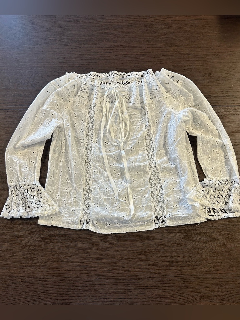 Women White Eyelet Lace Summer Blouse With Tie Neck Long Sleeve Top Size M
